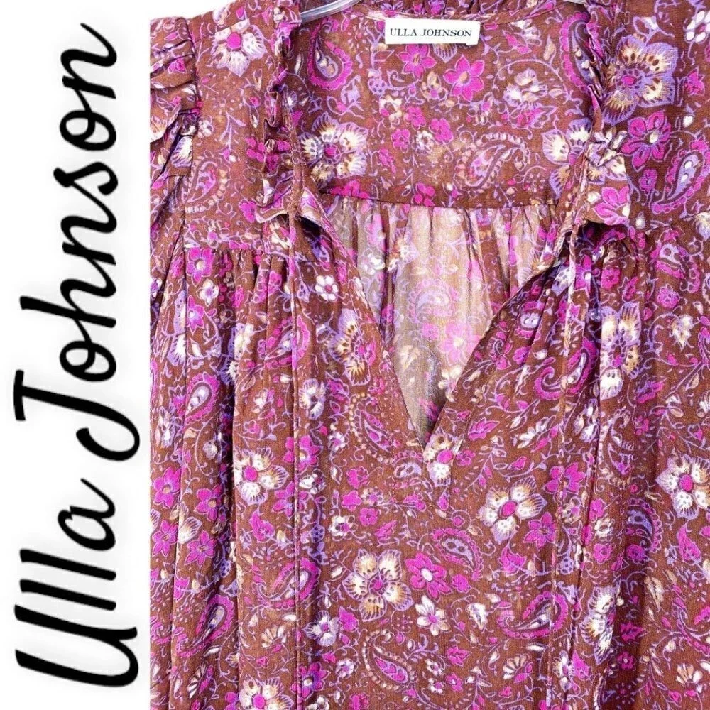 ULLA JOHNSON Renly Silk Paisley Blouse Plum Purple Boho Luxe Romantic,‎ Size 0